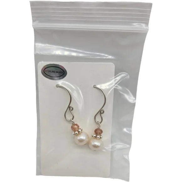 💎Sterling Silver Earrings with Freshwater Pearl and Sunstone Gemstones - Picture 4 of 9